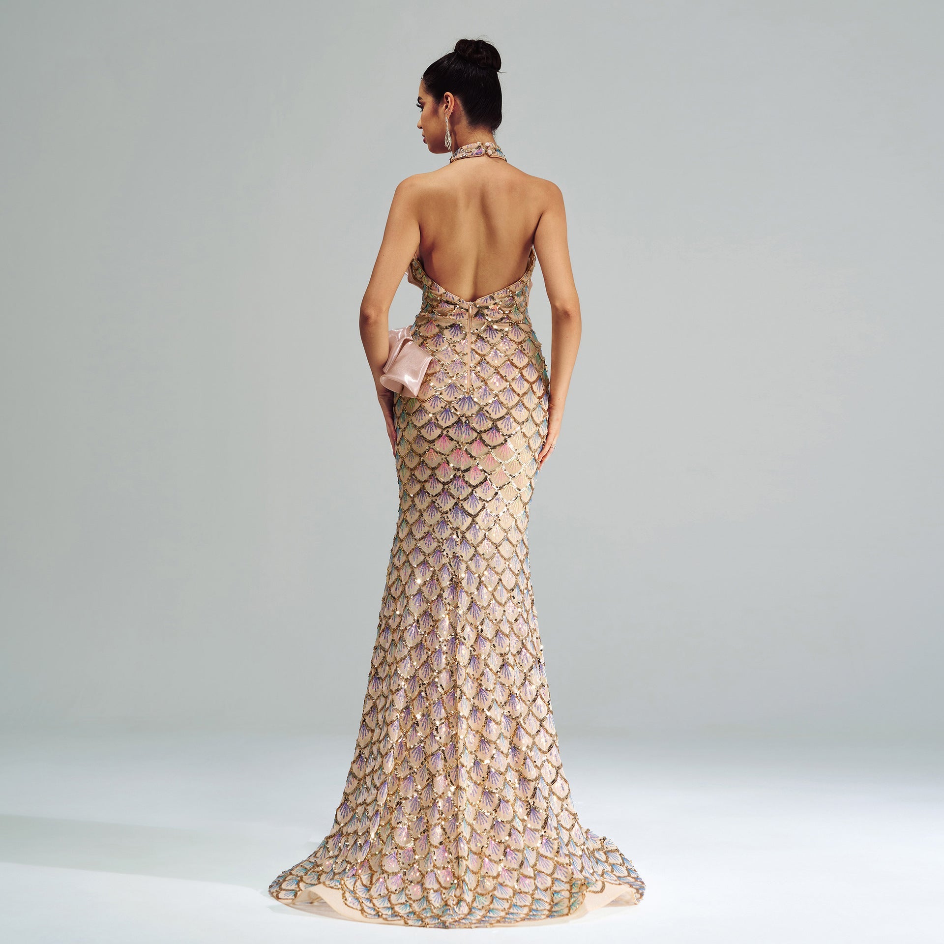 Carmine Juneberry Champagne Glam halter mermaid dress with luxurious fabric and elegant fit, ideal for elite special occasions.