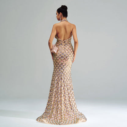 Carmine Juneberry Champagne Glam halter mermaid dress with luxurious fabric and elegant fit, ideal for elite special occasions.