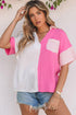Carmine Juneberry rose-colored collared neck polo shirt with color block design, featuring a classic fit and short sleeves.