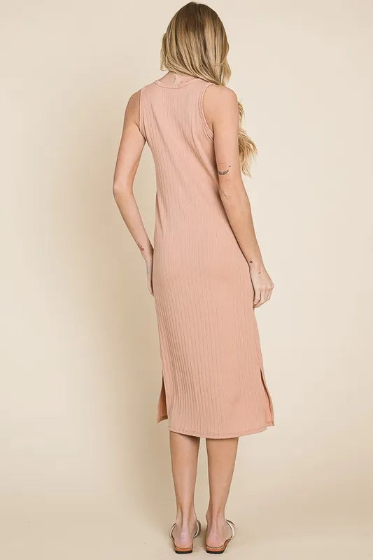 Jade Icarus BOMBOM ribbed knit sleeveless midi dress for women, showcasing a fitted ribbed fabric and stylish sleeveless design.