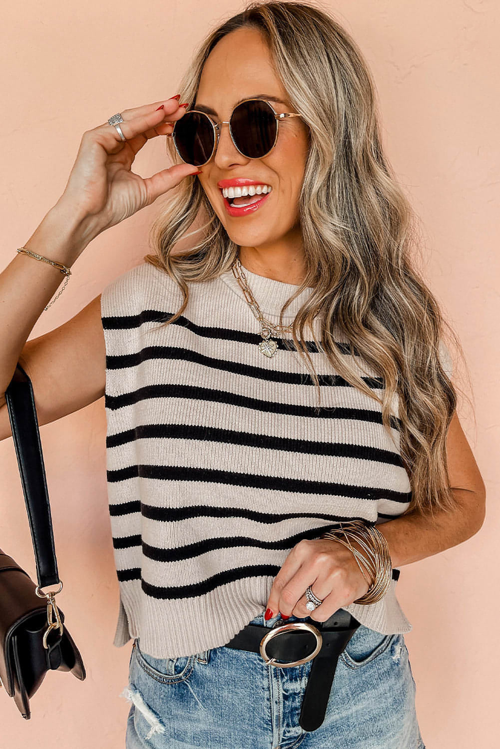 Carmine Juneberry apricot stripe boxy knitted tank sweater with round neck, casual and cozy for everyday wear