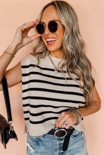 Carmine Juneberry apricot stripe boxy knitted tank sweater with round neck, casual and cozy for everyday wear