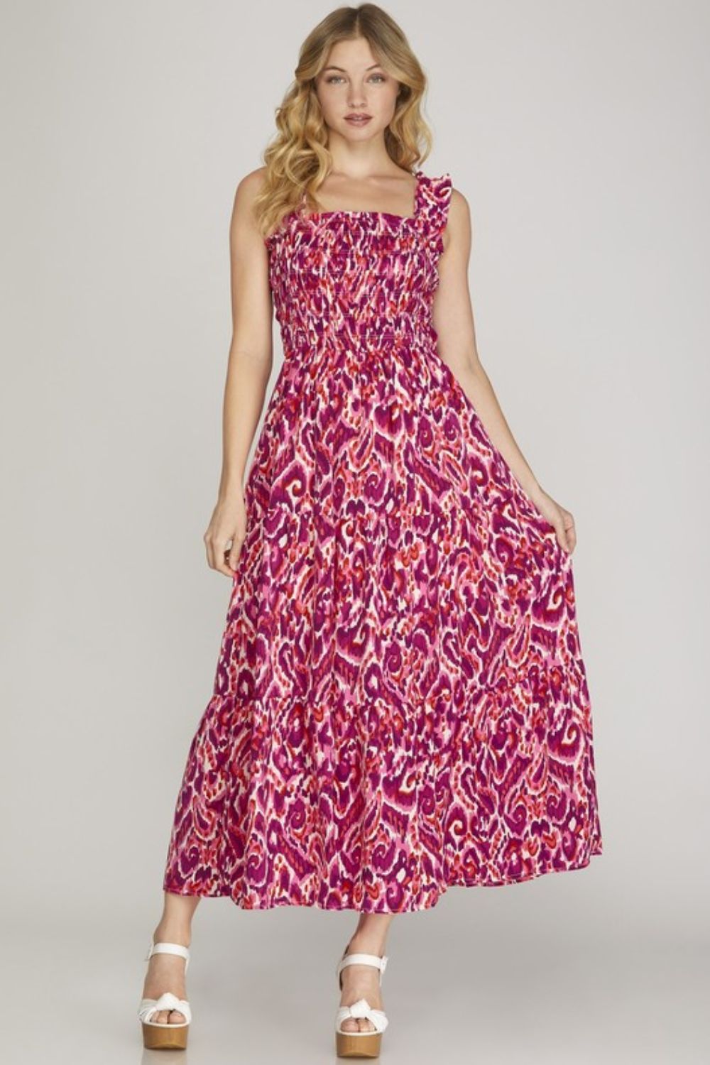 She + Sky full size smocked printed wide strap tiered dress by Jade Icarus, shown in a plus size, colorful tiered and printed design.