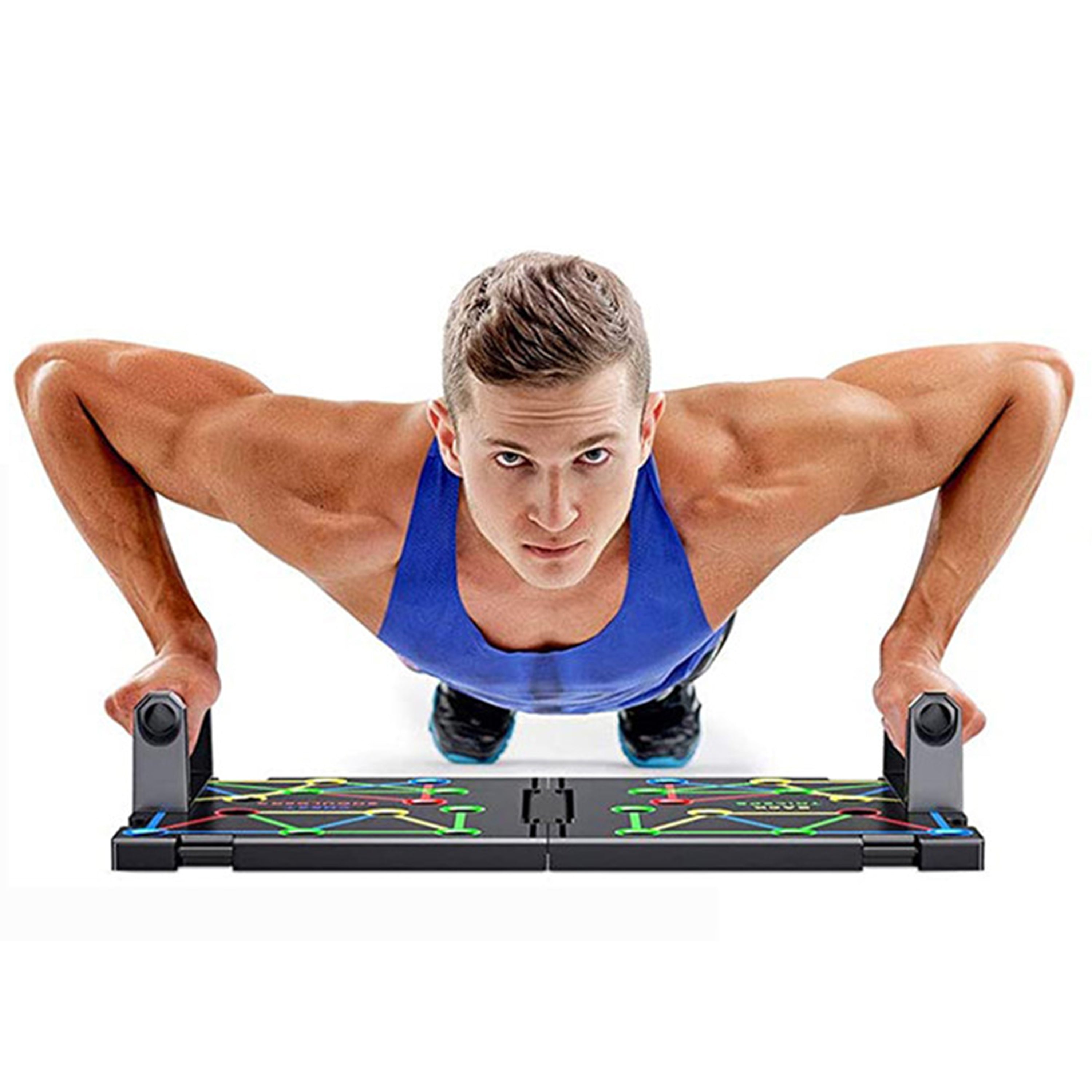 Copper Hecuba 9-in-1 push-up rack board system for fitness workouts, showcasing adjustable workout stations and gym exercise equipment.