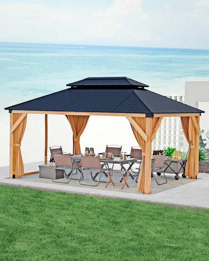 10x12 Ft Khaki Gazebo Outdoor Patio Pavilion With Curtains