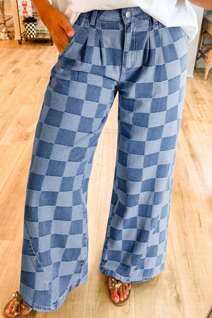 Dusk blue checkered denim wide-leg jeans for women by Ruby Styx, featuring a stylish checkered pattern and relaxed fit.