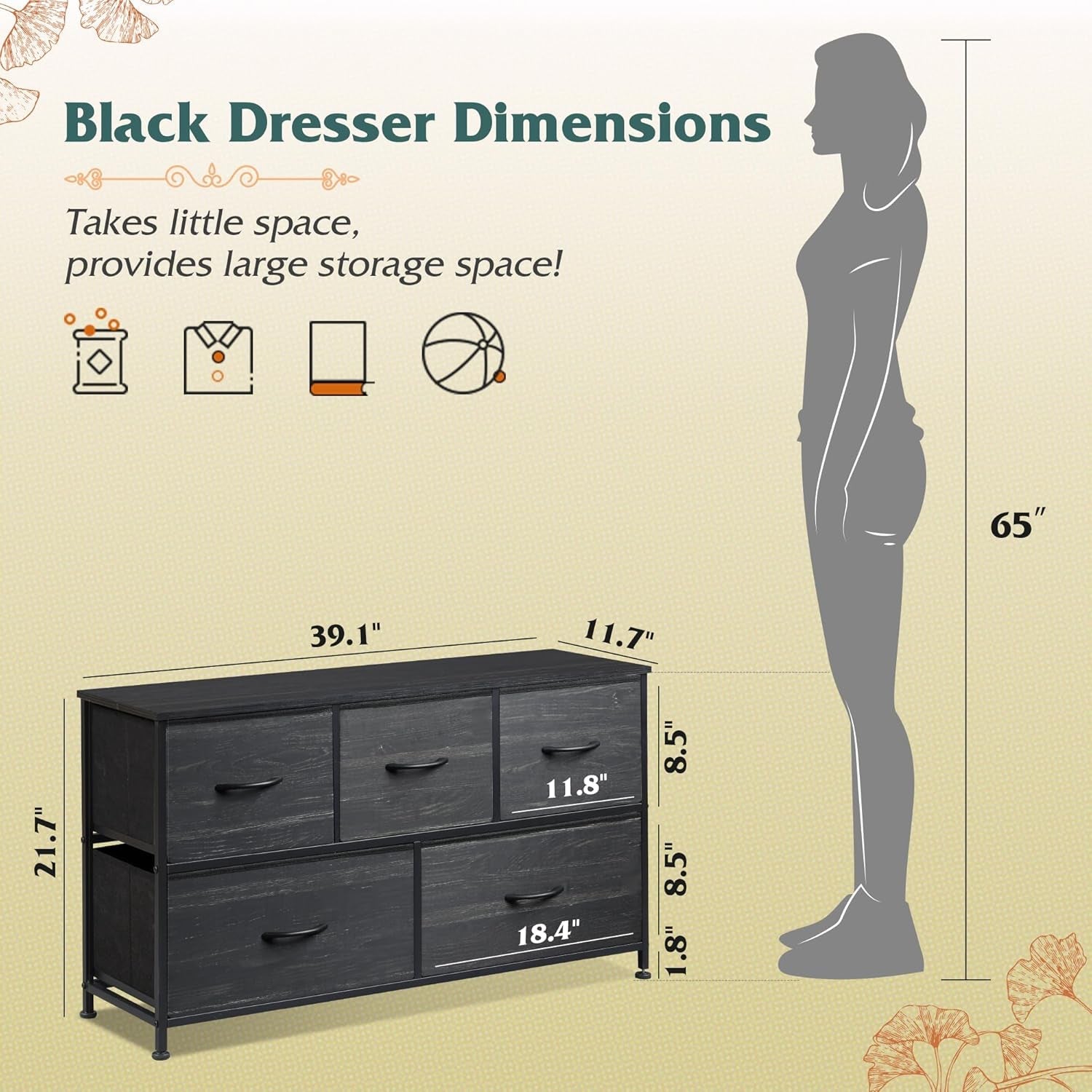 Charcoal black wood grain dresser by Peach Maple with five drawers and fabric bins, showcasing a modern bedroom furniture piece.