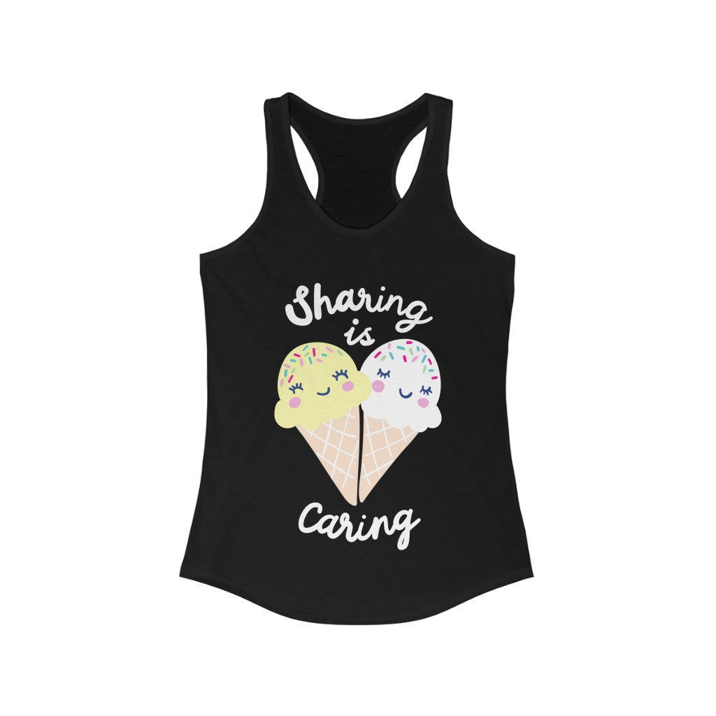 Plum Charlie Sharing is Caring racerback tank top with a casual fit, featuring a printed message on soft, comfortable fabric.