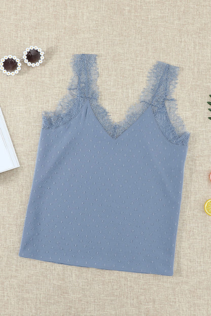 Sky blue eyelash V neck cami tank top for women by Lavender Pallas, featuring delicate eyelash trim and a V-shaped neckline.