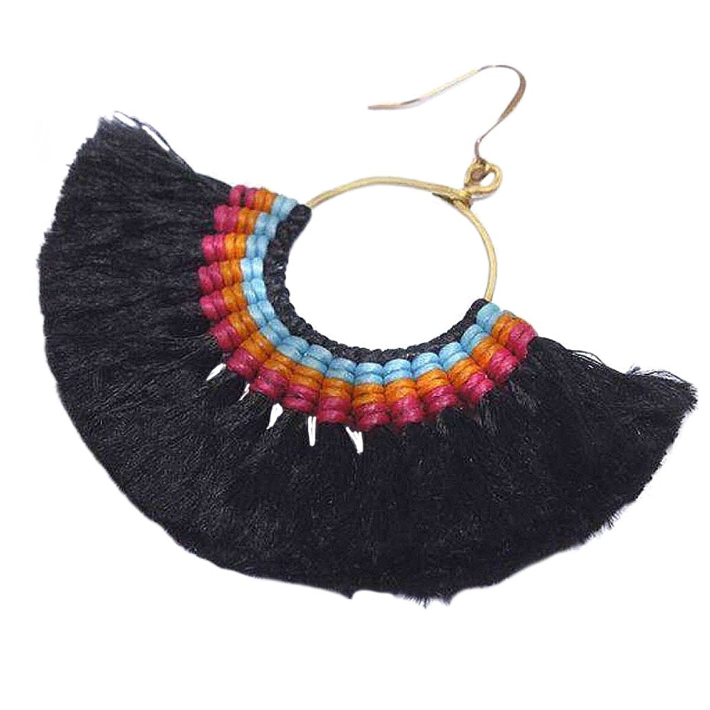 Black tassel fan earrings by Ariel featuring lightweight, handmade design with vibrant tassels and metal hooks.