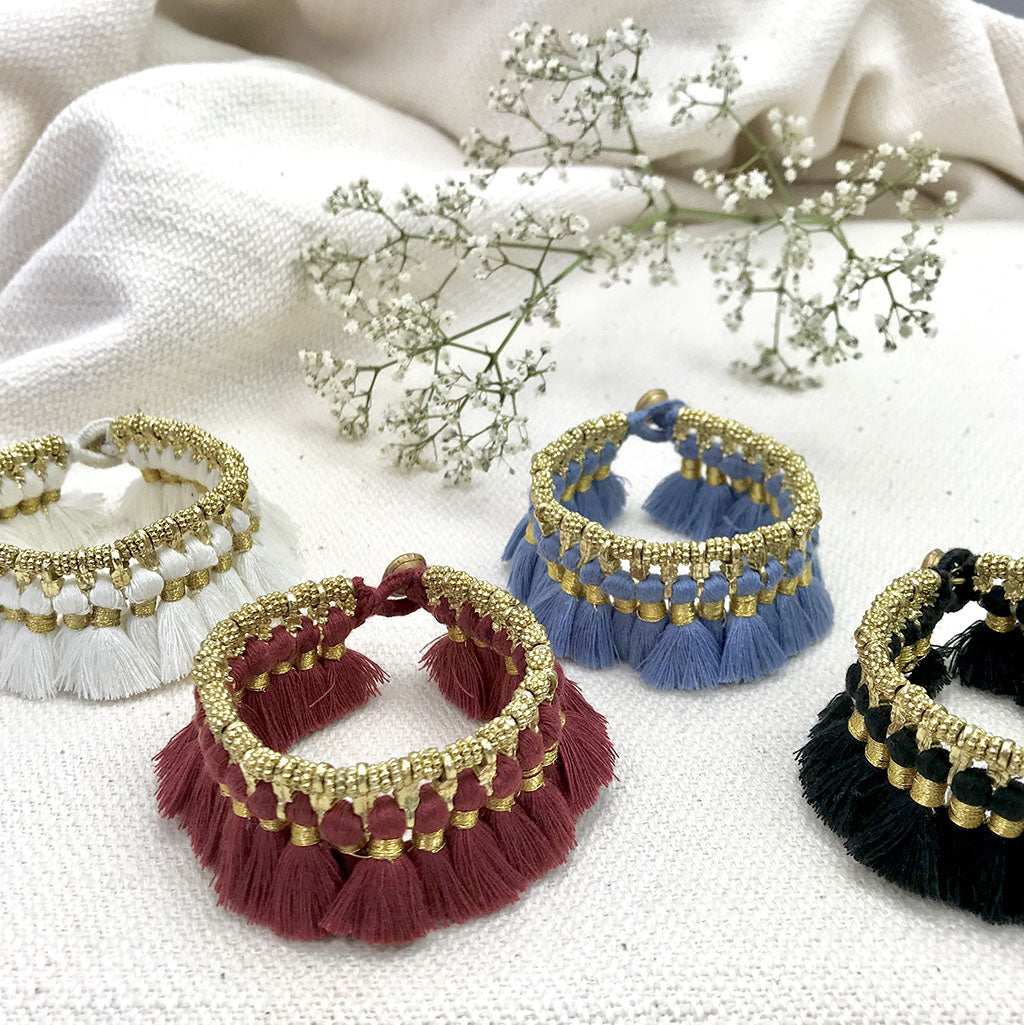 Ariel Kyra Tassel Bracelet featuring colorful tassels and beads, handmade fair-trade jewelry for stylish wrist accessories.