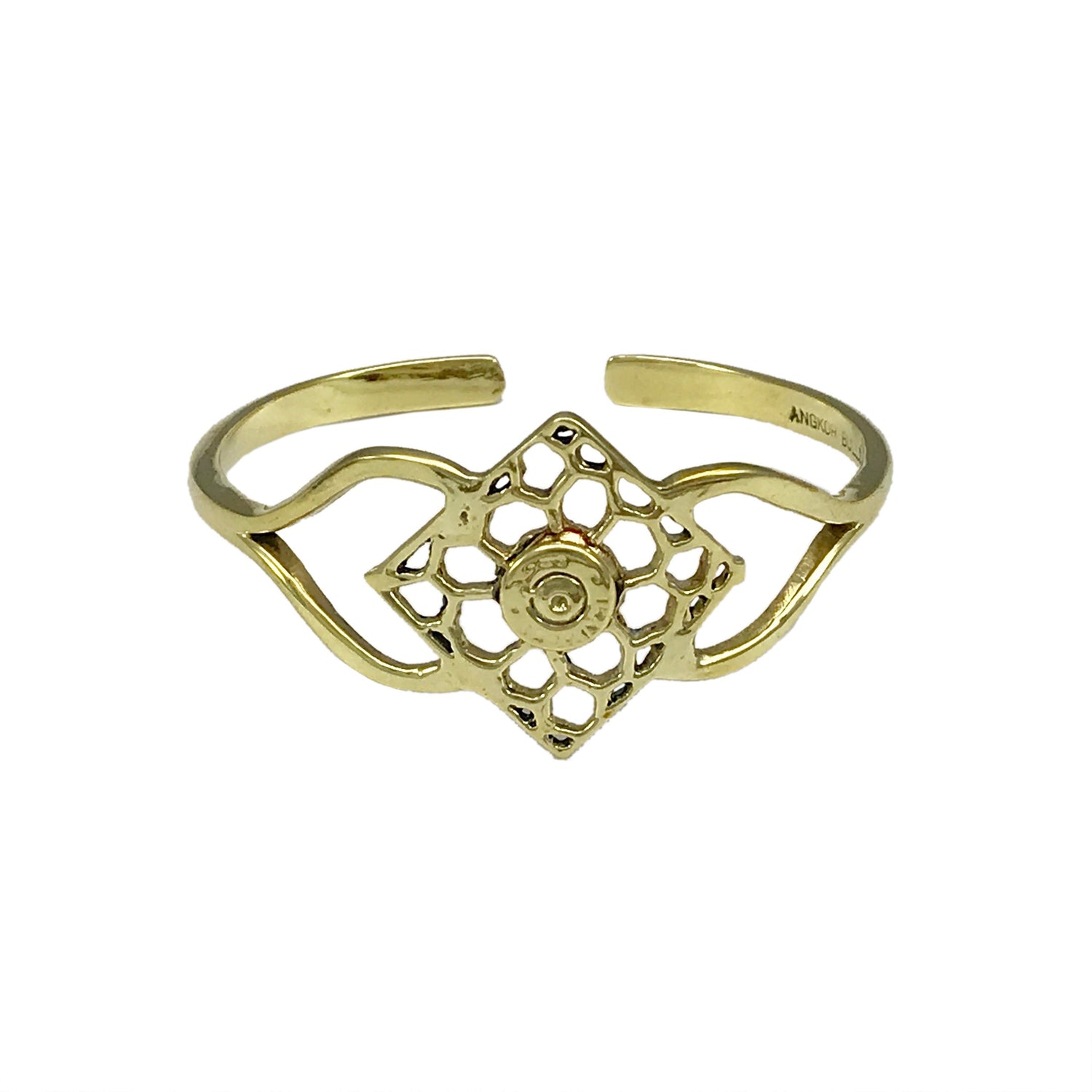 Ariel Angkor Bullet Cuff bracelet featuring intricate fair-trade craftsmanship and detailed metalwork, displayed on a neutral background.