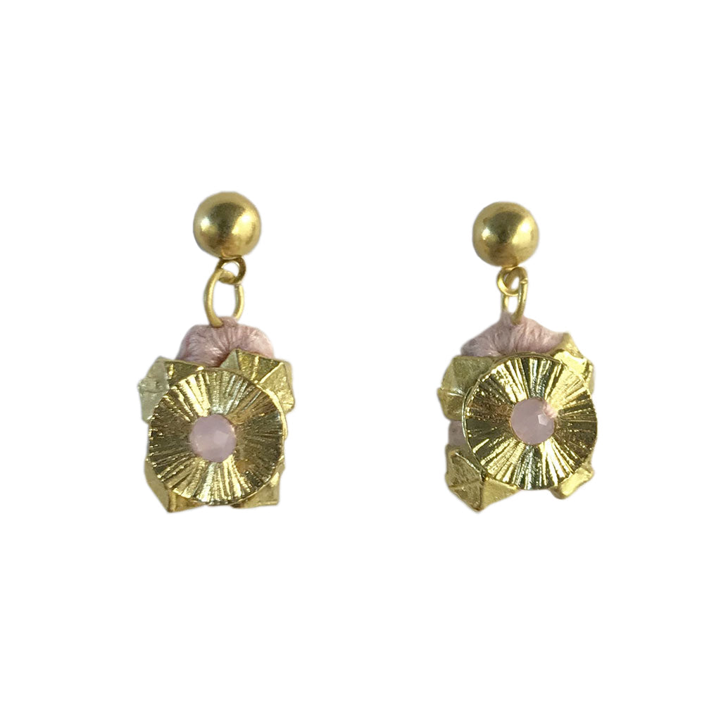 Ariel Keya Flower Earrings featuring gold floral design, handcrafted jewelry with intricate petal details and a delicate hook style.