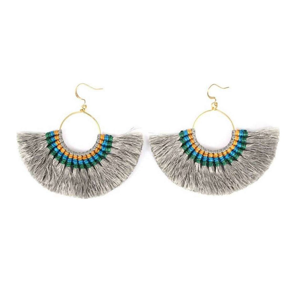 Ariel tassel fan earrings featuring vibrant silk tassels and intricate fan-shaped design, perfect for stylish accessory wear.