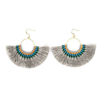 Ariel tassel fan earrings featuring vibrant silk tassels and intricate fan-shaped design, perfect for stylish accessory wear.