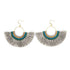 A pair of colorful silk tassel fan earrings by Ariel, featuring vibrant tassels hanging from gold-tone hooks.