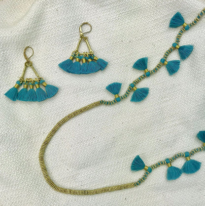 Ariel Lola Fan Earrings featuring colorful fair-trade tassel jewelry with vibrant, handcrafted design and gold-tone metal accents.