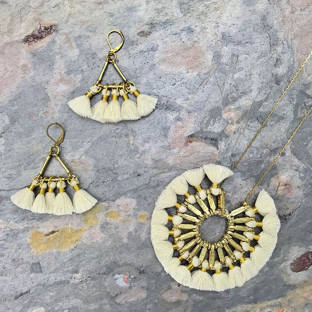 Ariel Lola Fan Earrings featuring colorful tassel jewelry with intricate design, perfect for stylish accessories.