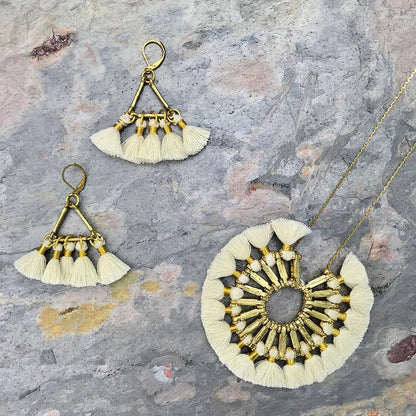 Ariel Lola Fan Earrings featuring colorful tassel jewelry with intricate design, perfect for stylish accessories.