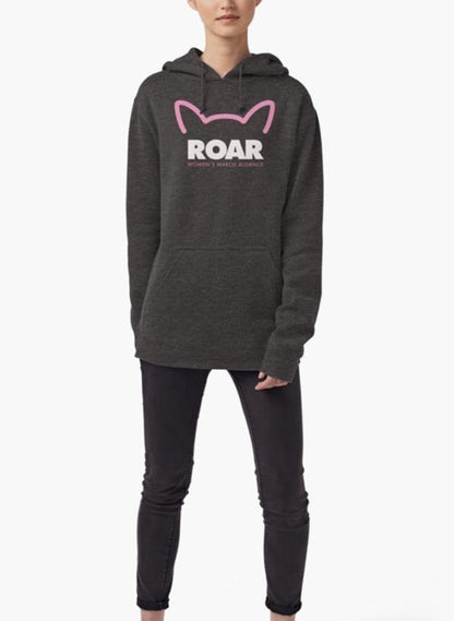 Gray hoodie for women by Scorpius featuring pink Pussy ROAR design, casual sweater with a comfortable fit and bold graphic print.