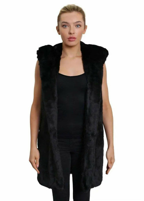 Black Rose Eleusis faux fur hooded gilet, stylish jacket with plush fur hood and sleeveless design, perfect for layered winter wear.