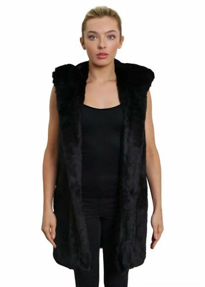 Black Rose Eleusis faux fur hooded gilet, stylish jacket with plush fur hood and sleeveless design, perfect for layered winter wear.