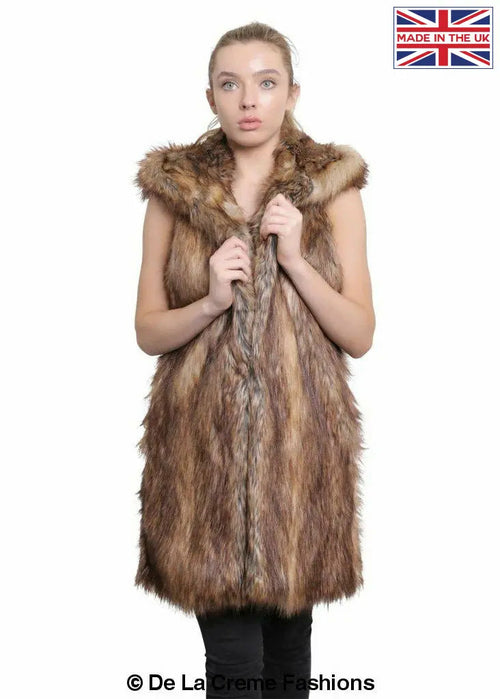 Rose Eleusis faux fur hooded gilet in Toffee color, stylish sleeveless jacket with plush fur hood, perfect for layered winter wear.