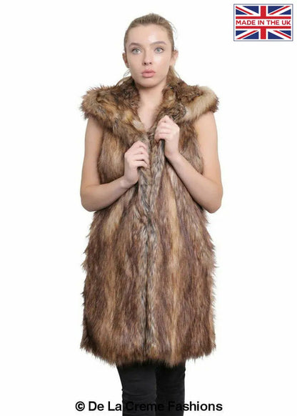 Rose Eleusis faux fur hooded gilet in Toffee color, stylish sleeveless jacket with plush fur hood, perfect for layered winter wear.