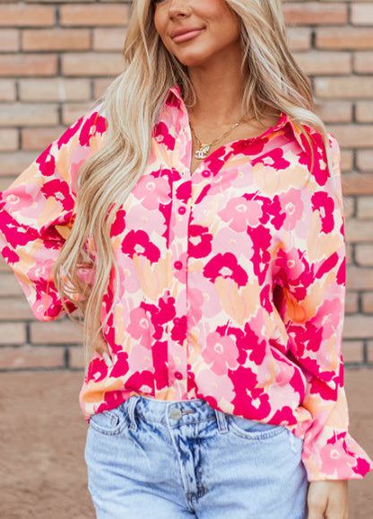 Pear Daisy blooming floral print puff sleeve buttoned shirt with vibrant flower patterns on soft fabric, perfect for casual wear.