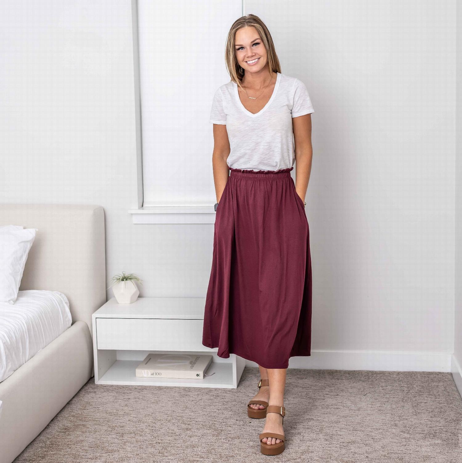 Pink Bearberry paperbag waist midi skirt with pockets, stylish women&