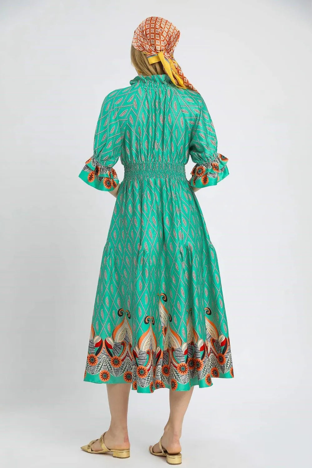 Jade Icarus Umgee printed smocked waist midi dress with flounce sleeves, stylish women&