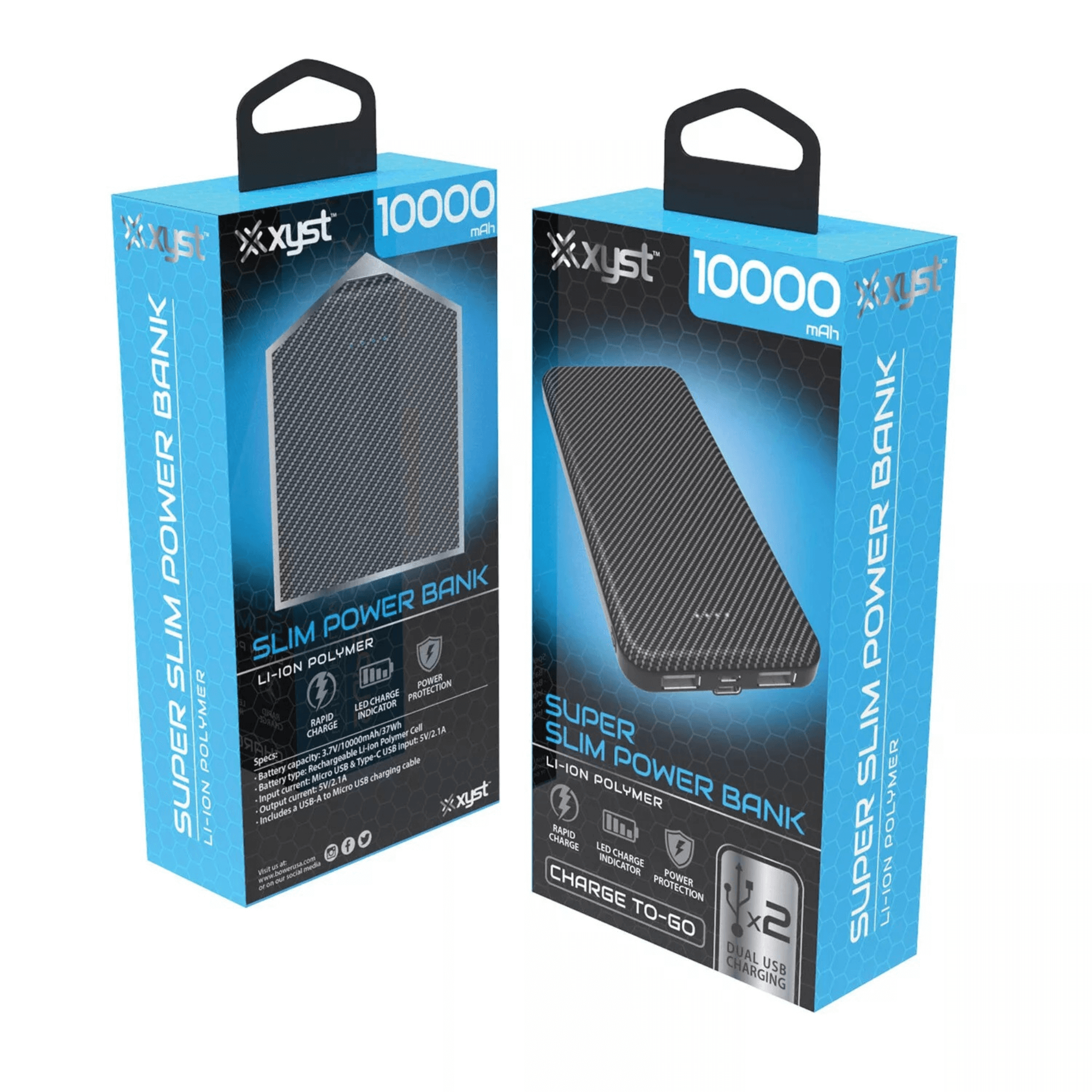 Sky Iapetus Xyst Super Slim 10000mAh dual USB power bank with sleek design for mobile and laptop charging.