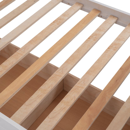 Sangria Beech twin-over-twin bunk bed with three storage drawers, ideal for bedroom or dorm, made of sturdy wood.