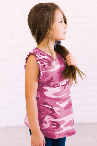 Camo print flounced armholes tank top for little girls by Jade, featuring a stylish camouflage design and ruffled armholes.