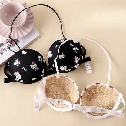 Start2Finish Hello Kitty cartoon strapless bra and low-waisted T-pants set with rhinestone letter details, cute and sweet apparel.