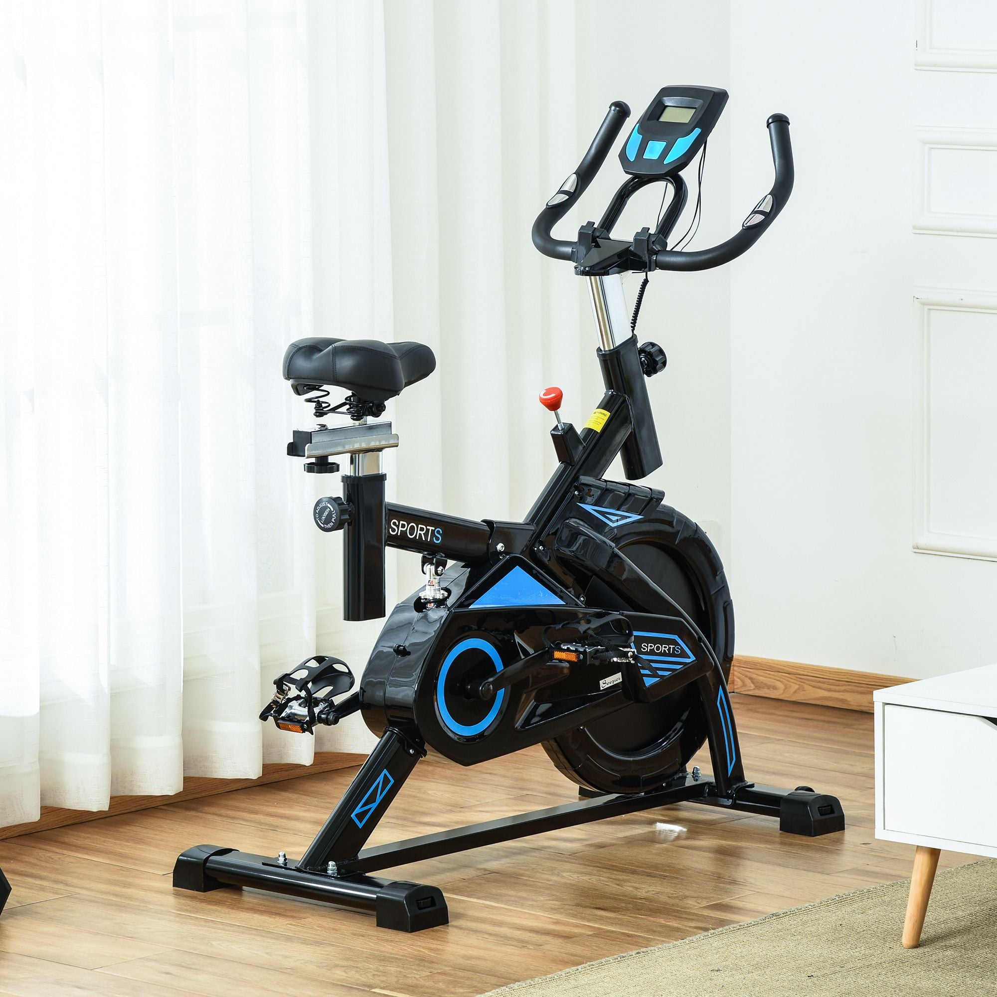 Indoor stationary exercise bike by Taupe Shadow for cardio workouts, featuring a compact design and adjustable seat.