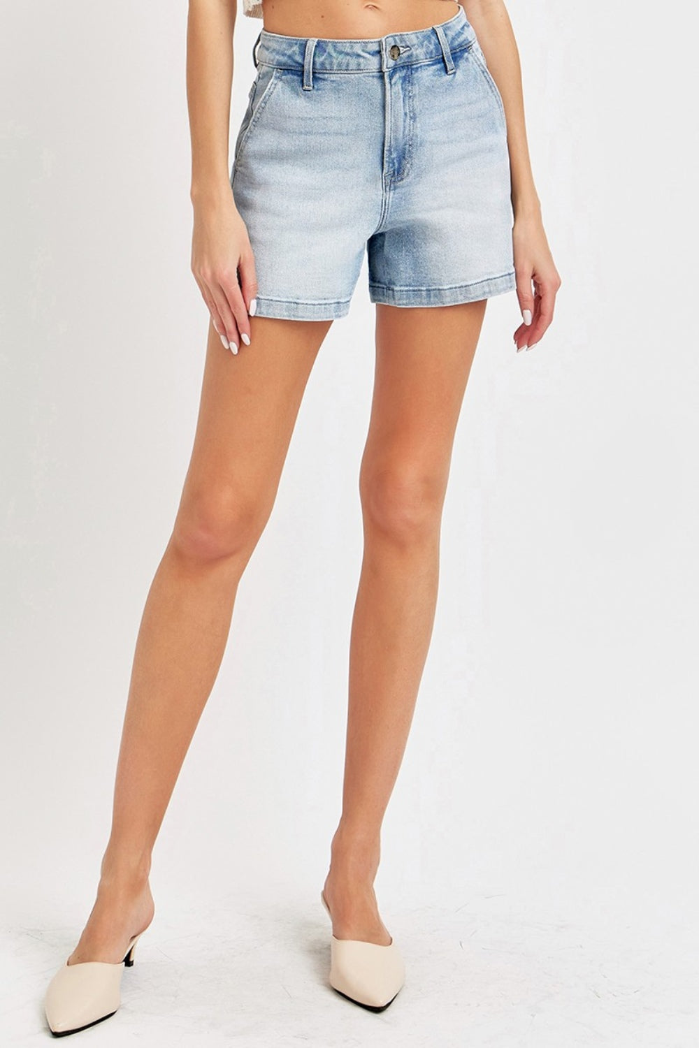 Jade Icarus Risen high-rise denim shorts with a full size fit, featuring a classic blue wash and distressed details.
