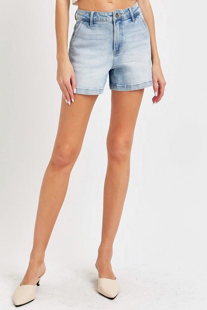 Jade Icarus Risen high-rise denim shorts with a full size fit, featuring a classic blue wash and distressed details.