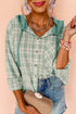 Green checkered print loose fit hooded shacket from Carmine Juneberry, featuring button closure and casual top style.