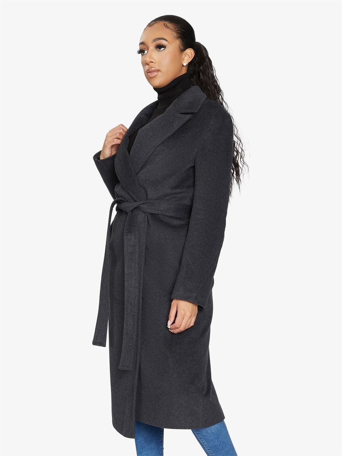Long belted duster coat from Rose Eleusis, stylish longline jacket with a belt, perfect for layering in 2024.