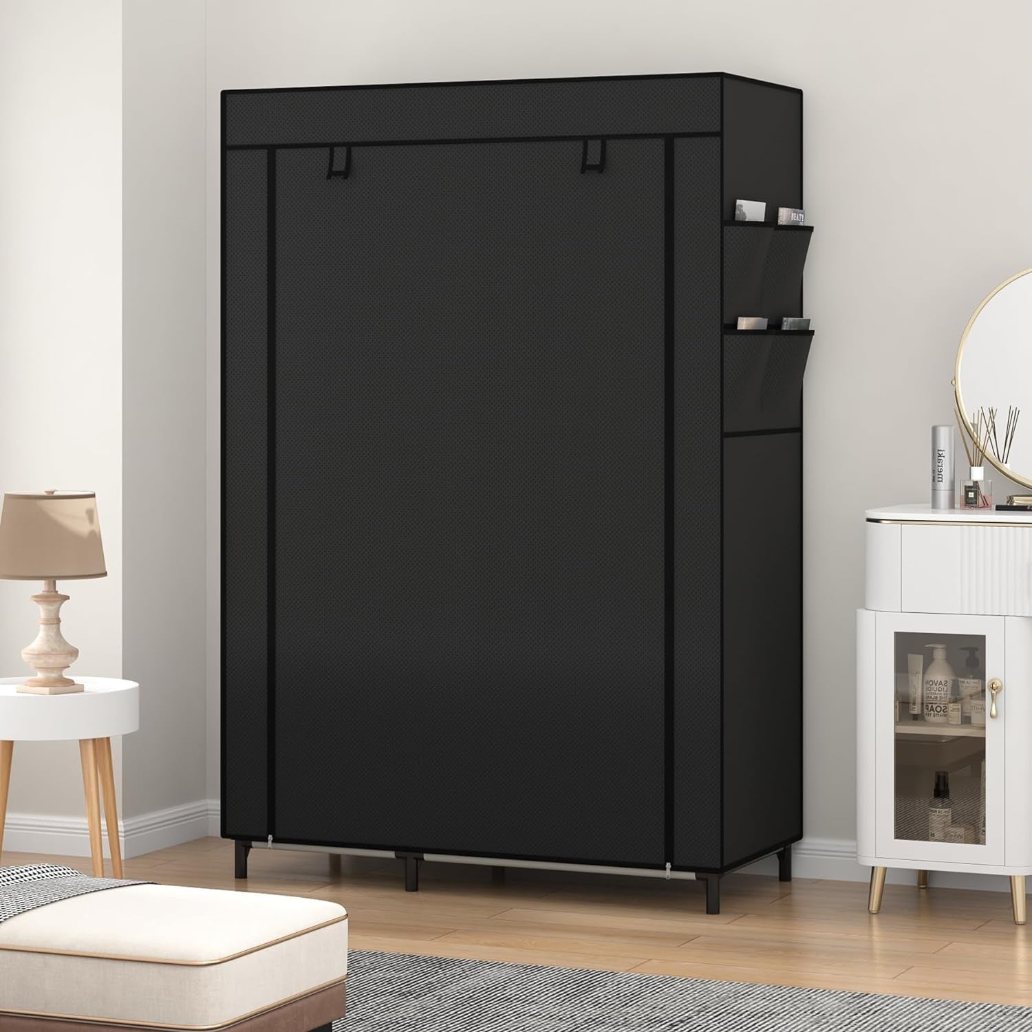 Portable black closet organizer by Peach Maple with six shelves and a hanging rod for versatile storage.