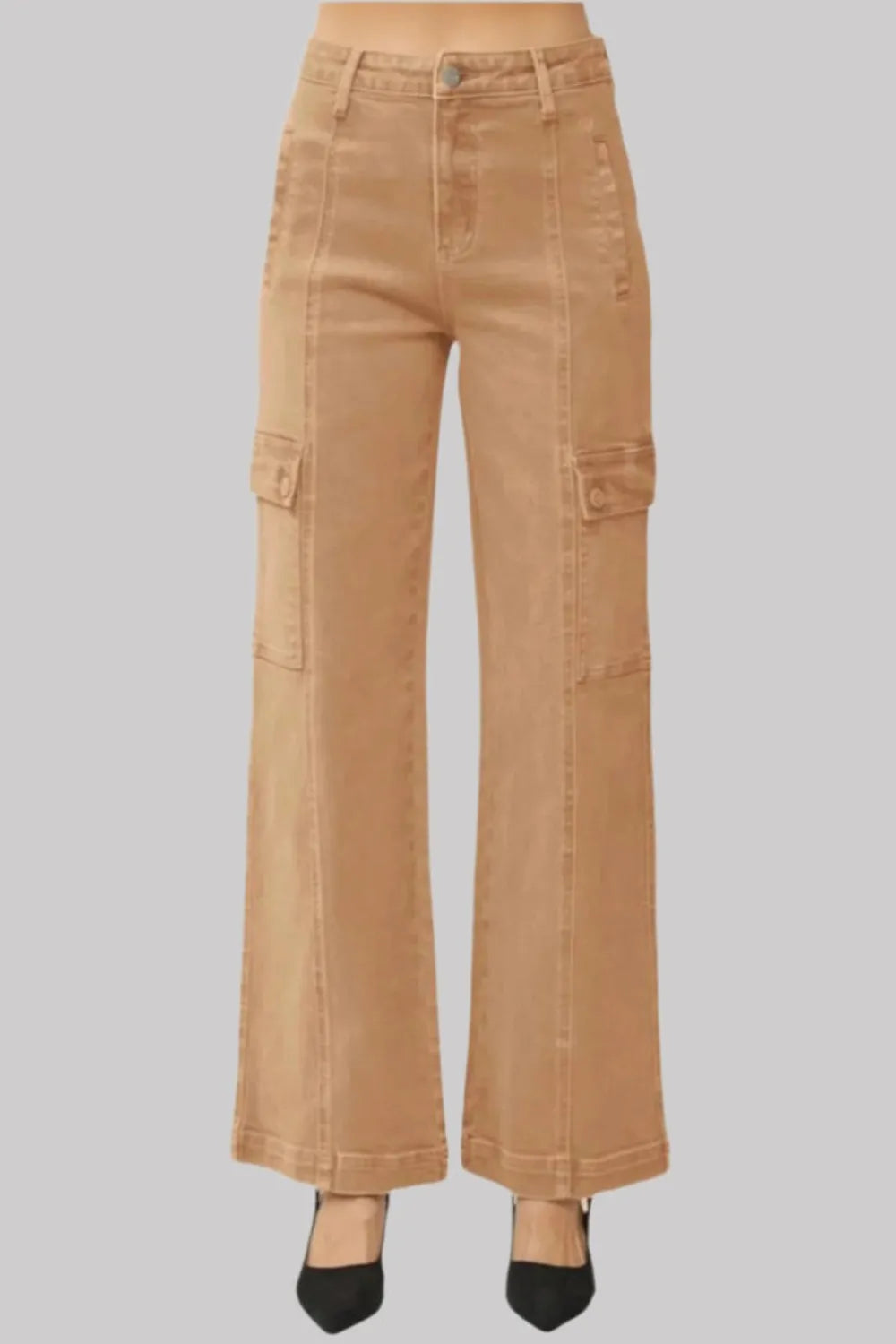 Pear Daisy RISEN full size high rise wide leg cargo jeans, shown in a natural fabric with deep pockets and a relaxed fit.