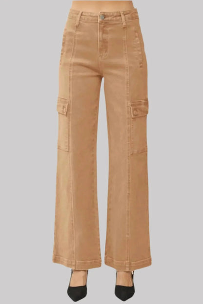 Pear Daisy RISEN full size high rise wide leg cargo jeans, shown in a natural fabric with deep pockets and a relaxed fit.