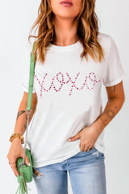 White Rhinestone XOXO Valentine Tee from Harlequin Daisy, featuring a stylish bath and beauty casual top with rhinestone embellishments.