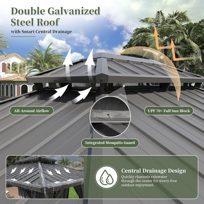 14x10 Feet Hardtop Gazebo Solar Powered LED Lighting