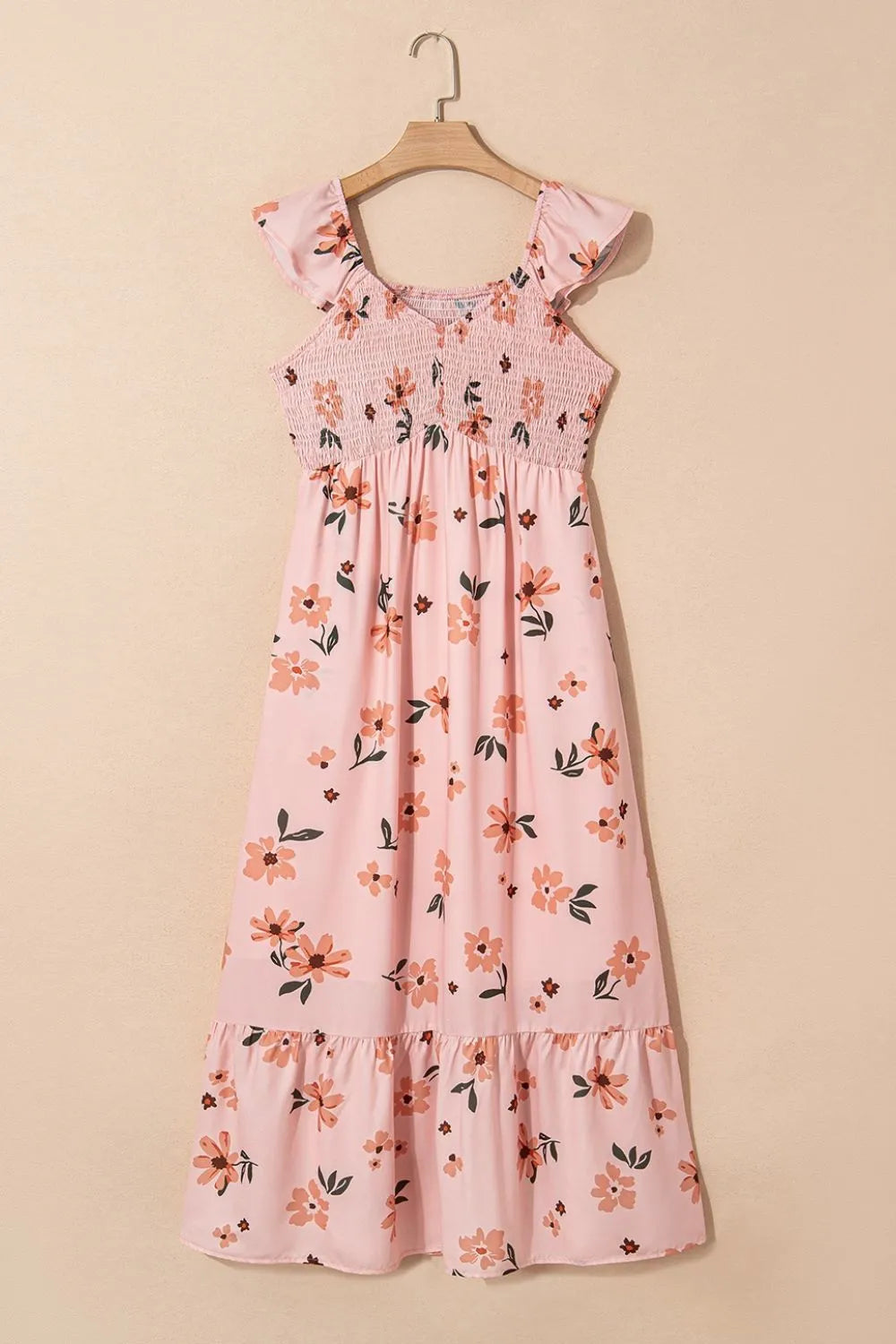 Ruffled smocked cap sleeve printed maxi dress for women by Ruby Styx, featuring flowy fabric and vibrant floral pattern.
