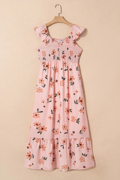 Ruffled smocked cap sleeve printed maxi dress for women by Ruby Styx, featuring flowy fabric and vibrant floral pattern.