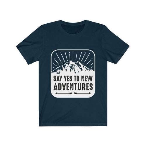 Plum Charlie Say Yes to New Adventures T-shirt showing a casual fit with vibrant design on soft cotton fabric.
