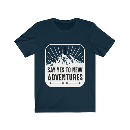 Plum Charlie Say Yes to New Adventures T-shirt showing a casual fit with vibrant design on soft cotton fabric.