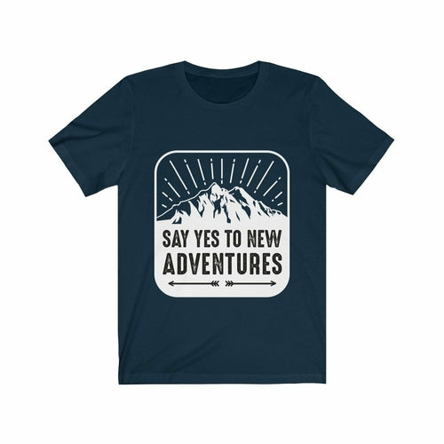Plum Charlie Say Yes to New Adventures T-shirt with motivational print, casual fit, and soft fabric, displayed on a hanger.